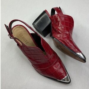 Schutz Red Croc Embossed Leather Slingback Block Heel Metal Toe Pumps Size 39